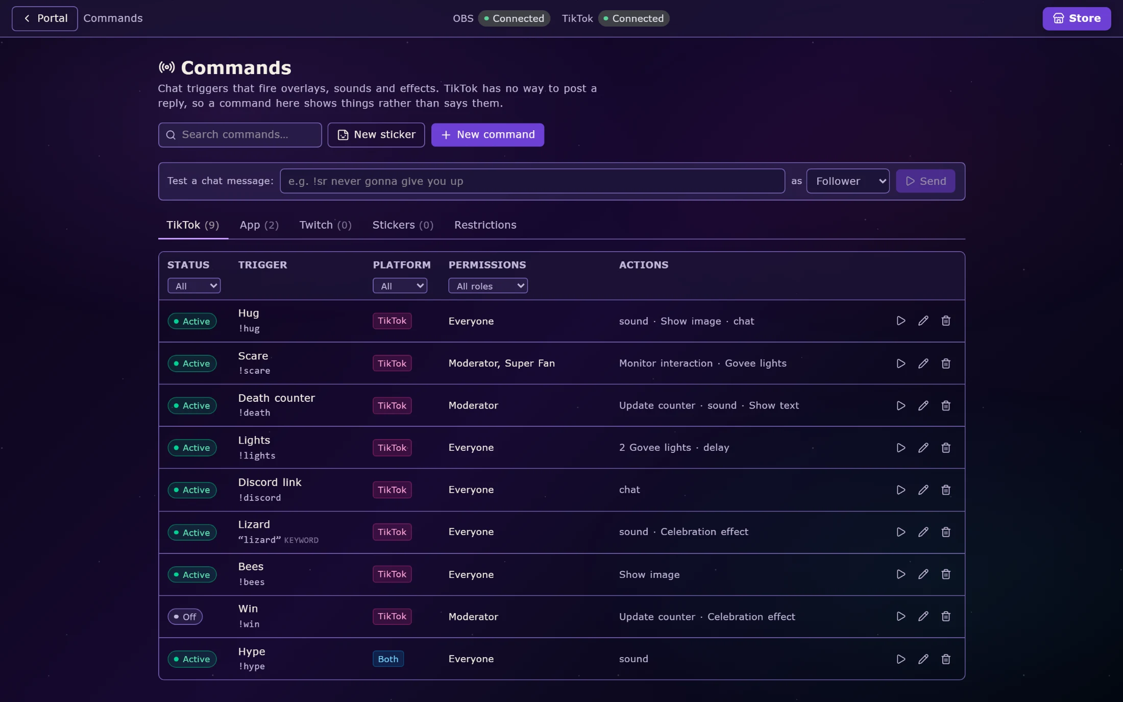 Power Stream’s Commands page: a list of chat commands (!hug, !scare, !death, !lights), each with its platform, who can use it, and the actions it fires.