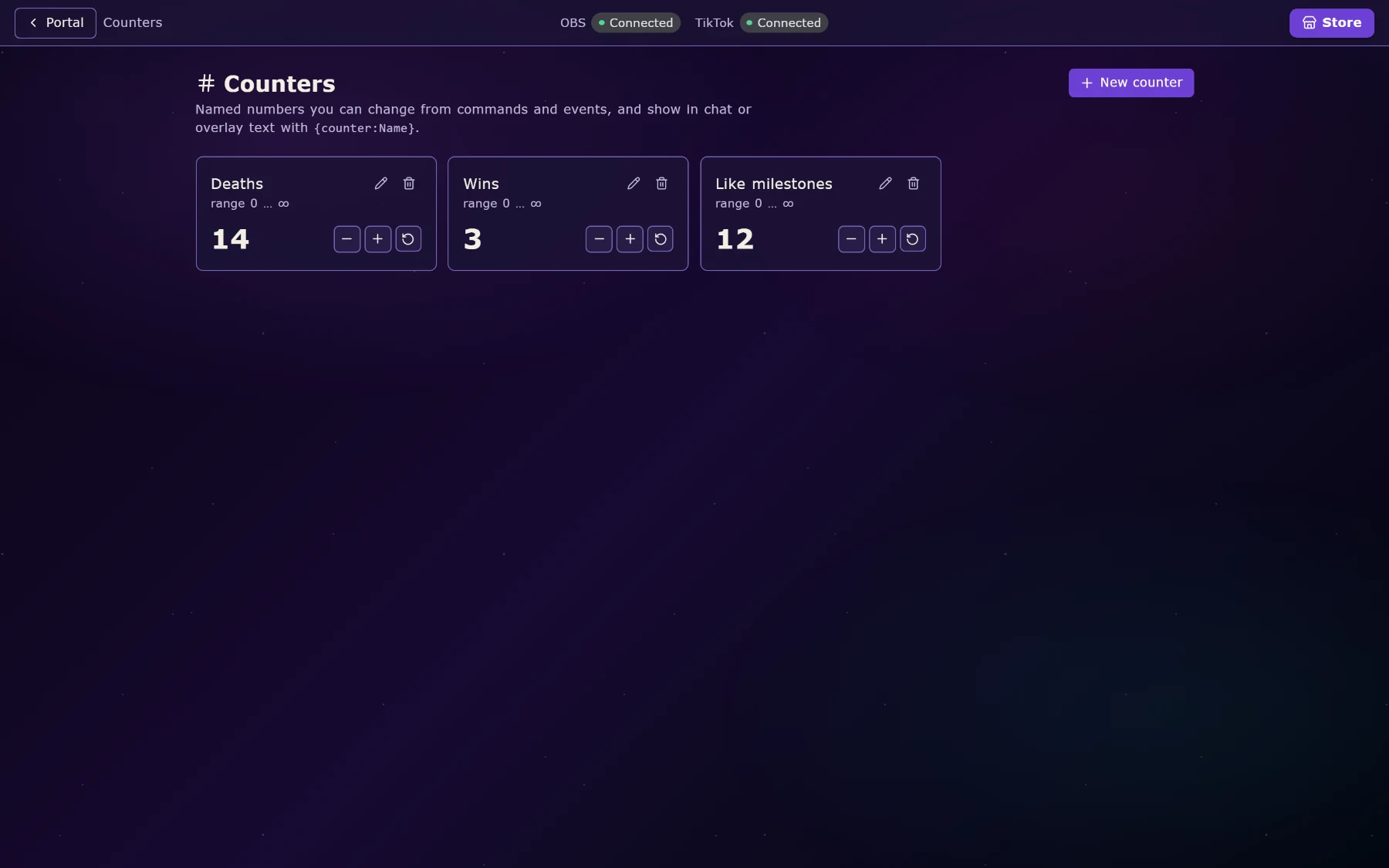 Counters: Deaths at 14, Wins at 3, Like milestones at 12 — each adjustable and usable from any command or event, shown in chat or on an overlay.