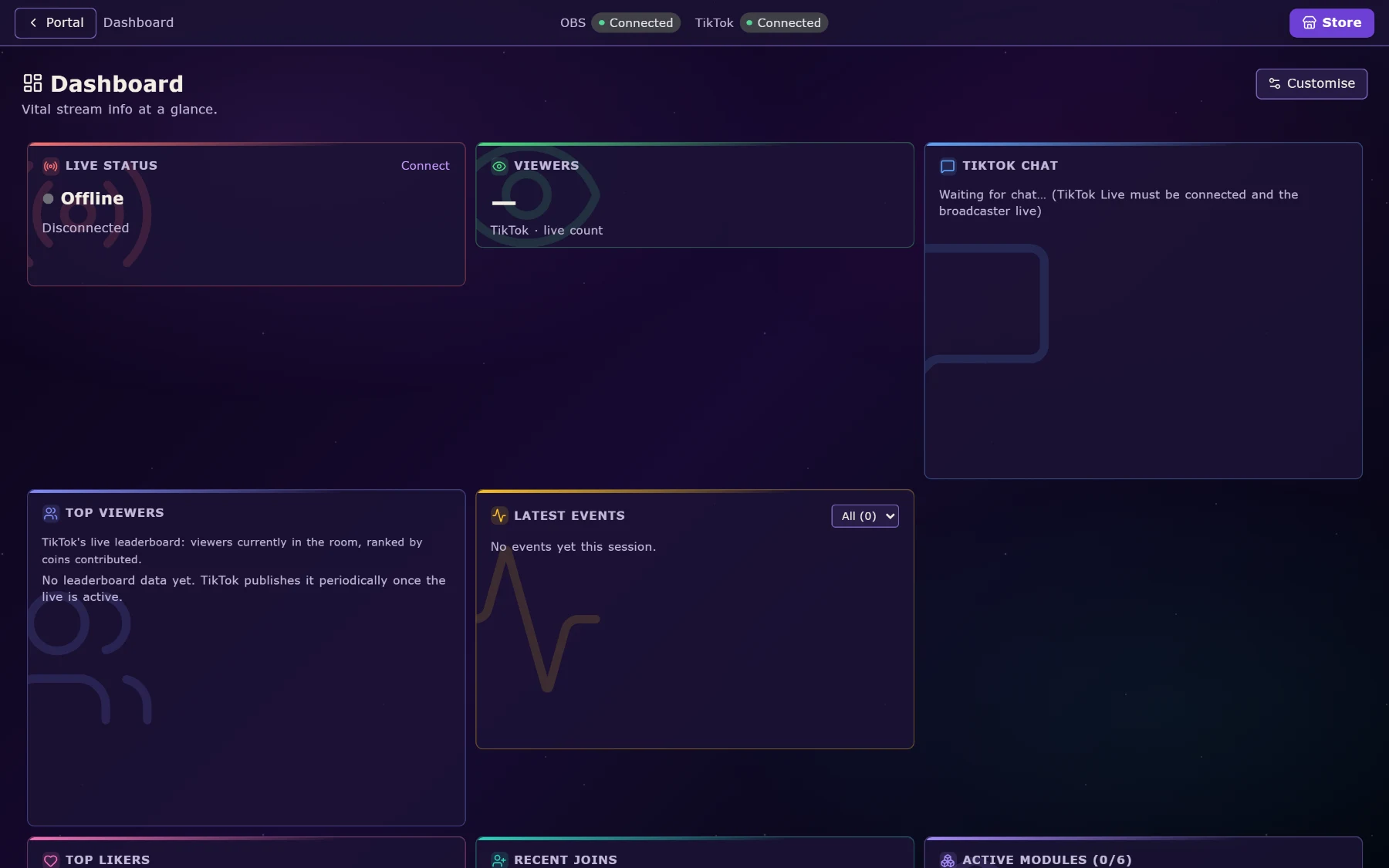 The Dashboard: live status, viewers, TikTok chat, top viewers, latest events, top likers, recent joins and active modules at a glance.