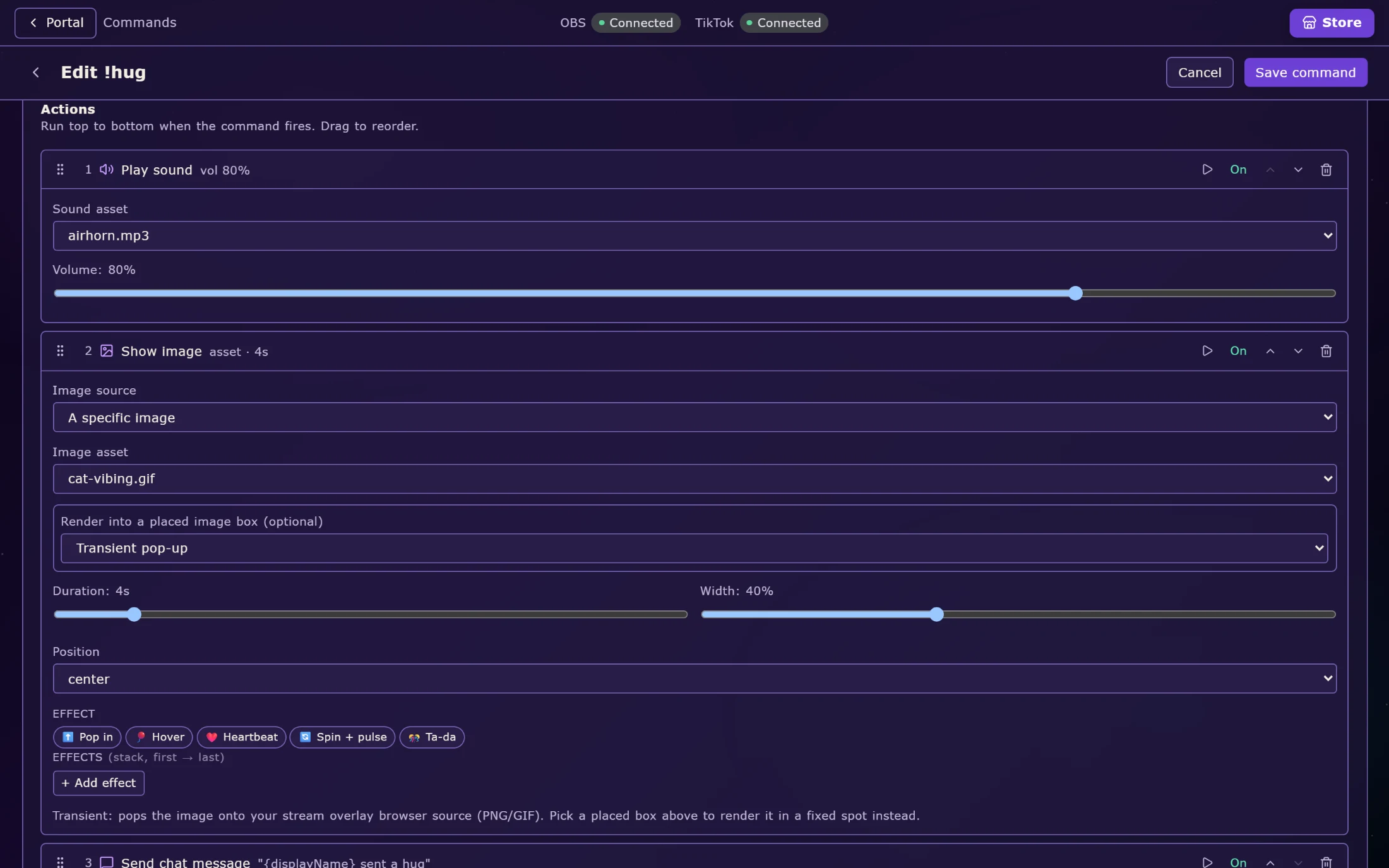 Editing the !hug command: its action queue runs top to bottom: play sound airhorn.mp3 at 80%, show image cat-vibing.gif for four seconds, then send a chat message.