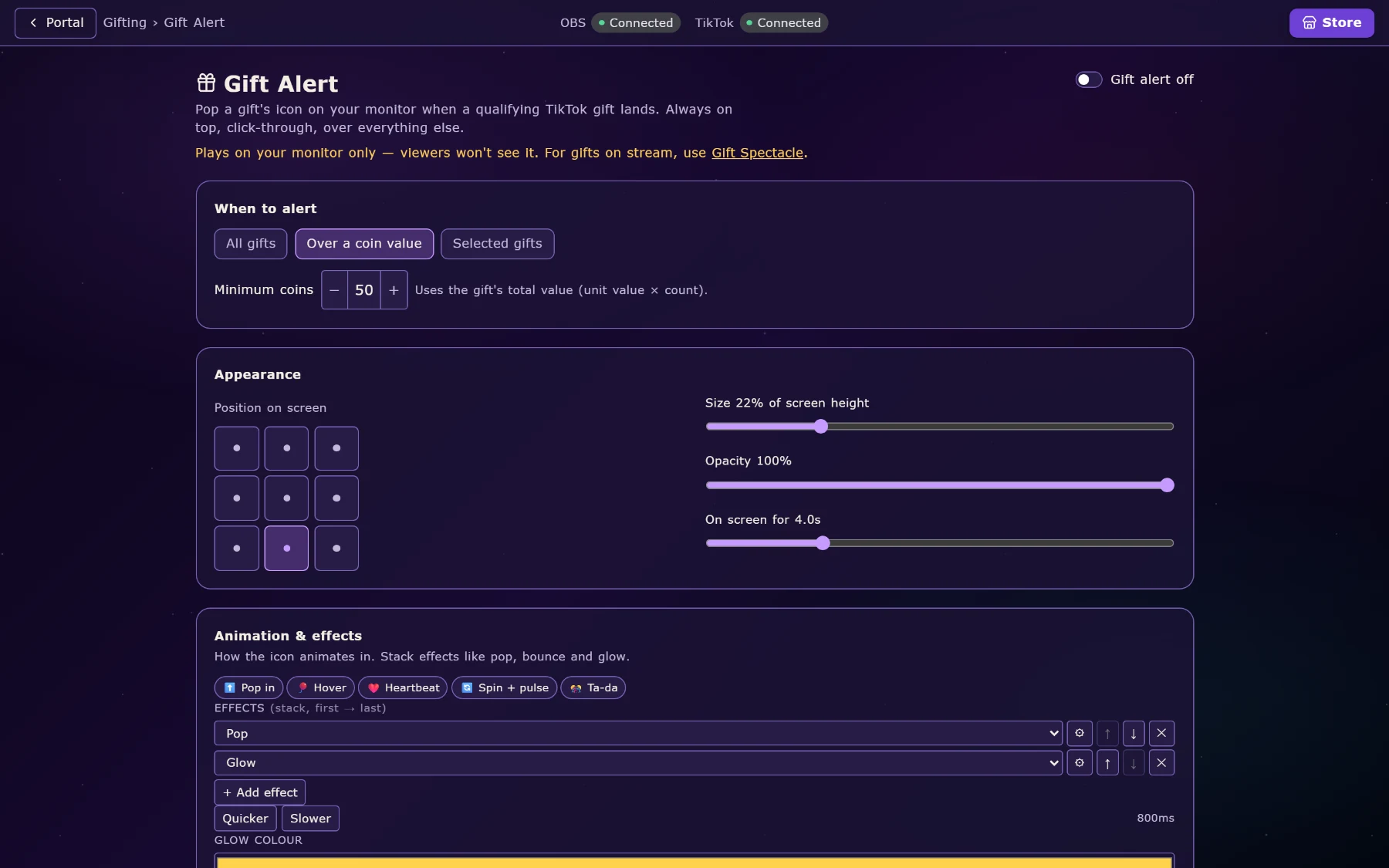 Gift Alert settings: when to alert (all gifts, over a coin value, selected gifts), appearance (position on screen, size, opacity, time on screen) and animation effects.