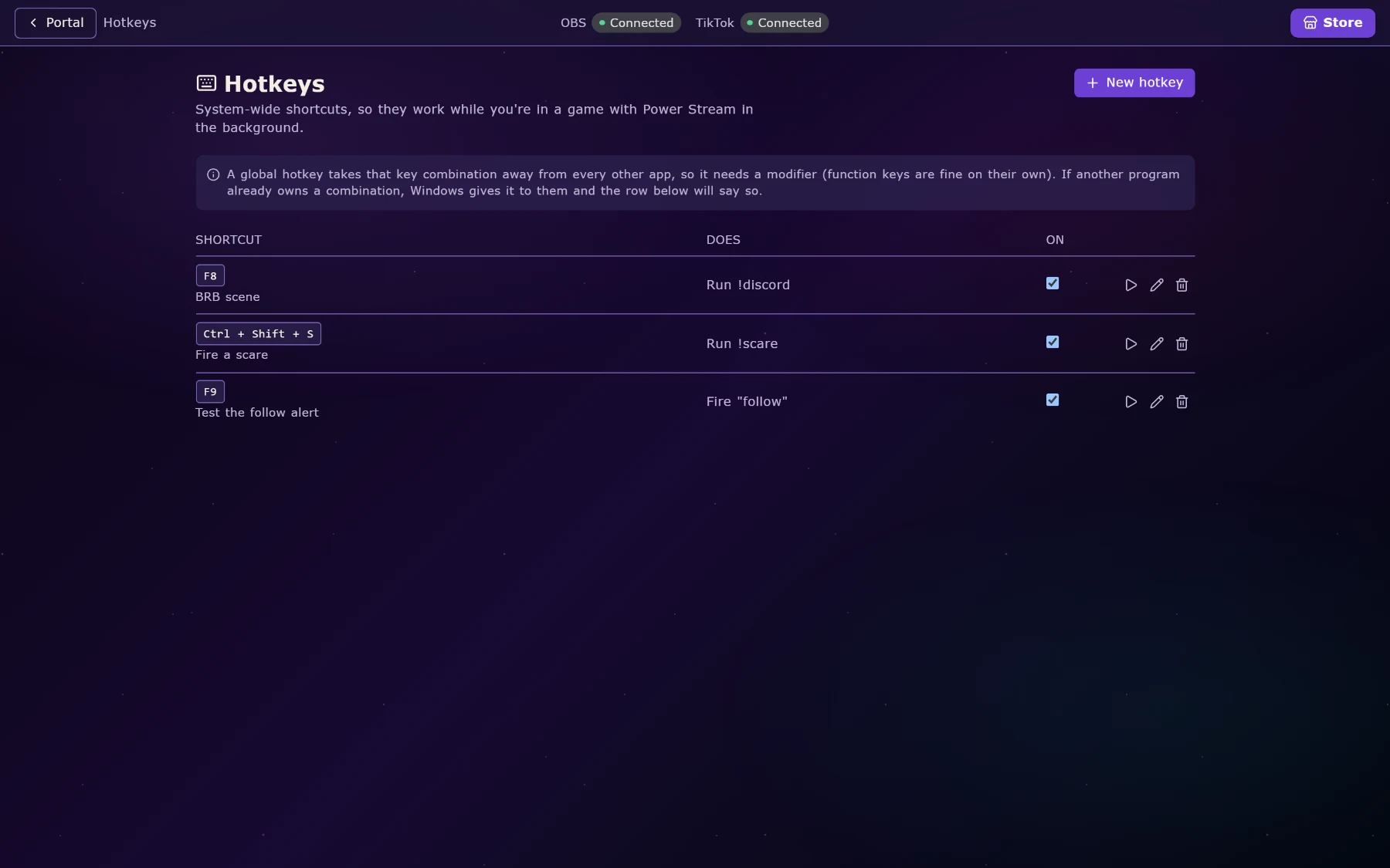 Hotkeys: F8 runs !discord, Ctrl+Shift+S fires a scare, F9 tests the follow alert — global shortcuts that work mid-game.