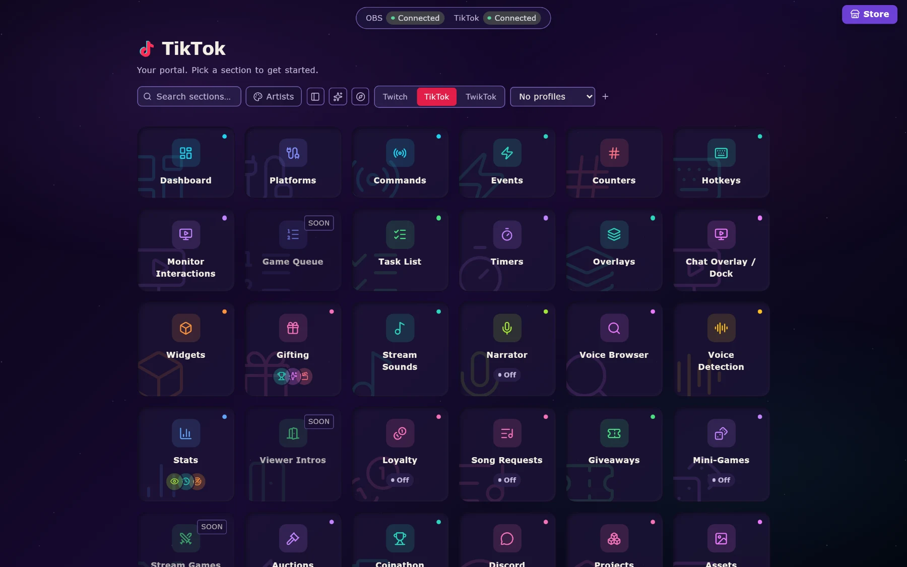 Power Stream’s portal: a grid of its sections — Dashboard, Platforms, Commands, Events, Counters, Hotkeys, Monitor Interactions, Overlays, Widgets, Gifting, Narrator, Voice Browser, Loyalty, Song Requests, Giveaways, Mini-Games and more.