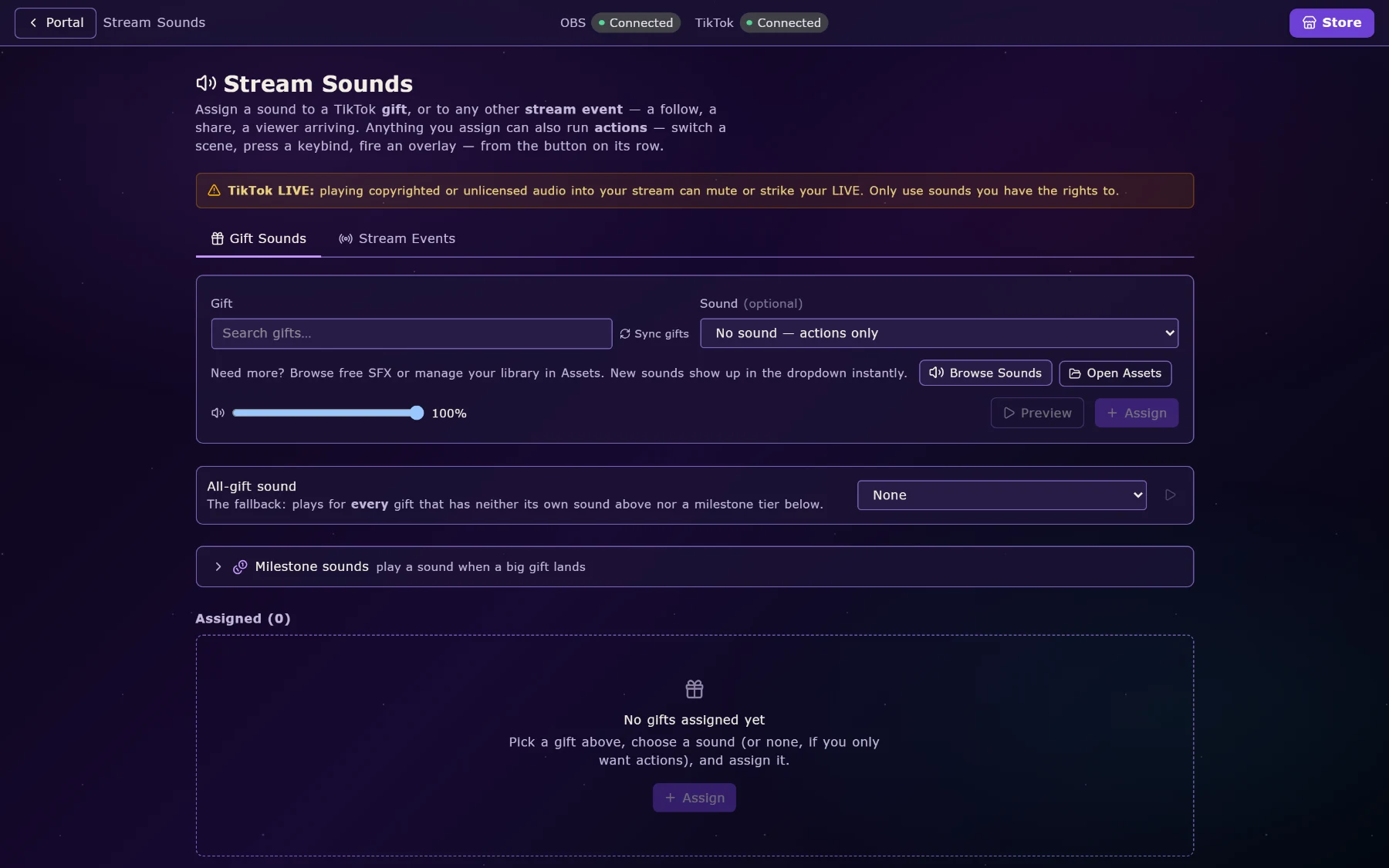 Stream Sounds: assign a sound to a TikTok gift, an all-gift fallback sound, and milestone sounds when a big gift lands.